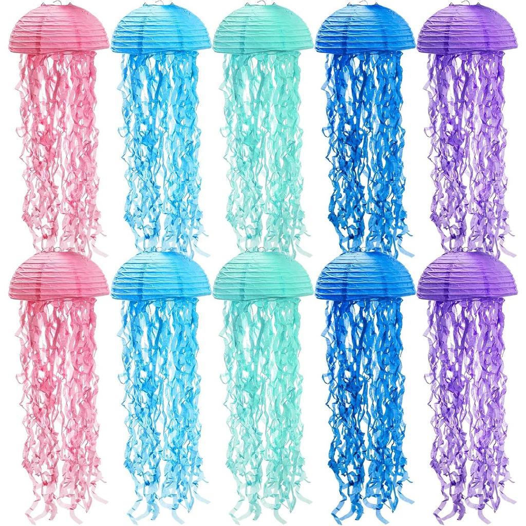 Set of 10 Jelly Fish Paper Lanterns, Pink Purple Blue Green Hanging Lantern, Jelly Fish Mermaid Decor for Party, Under The Sea Mermaid Birthday Party