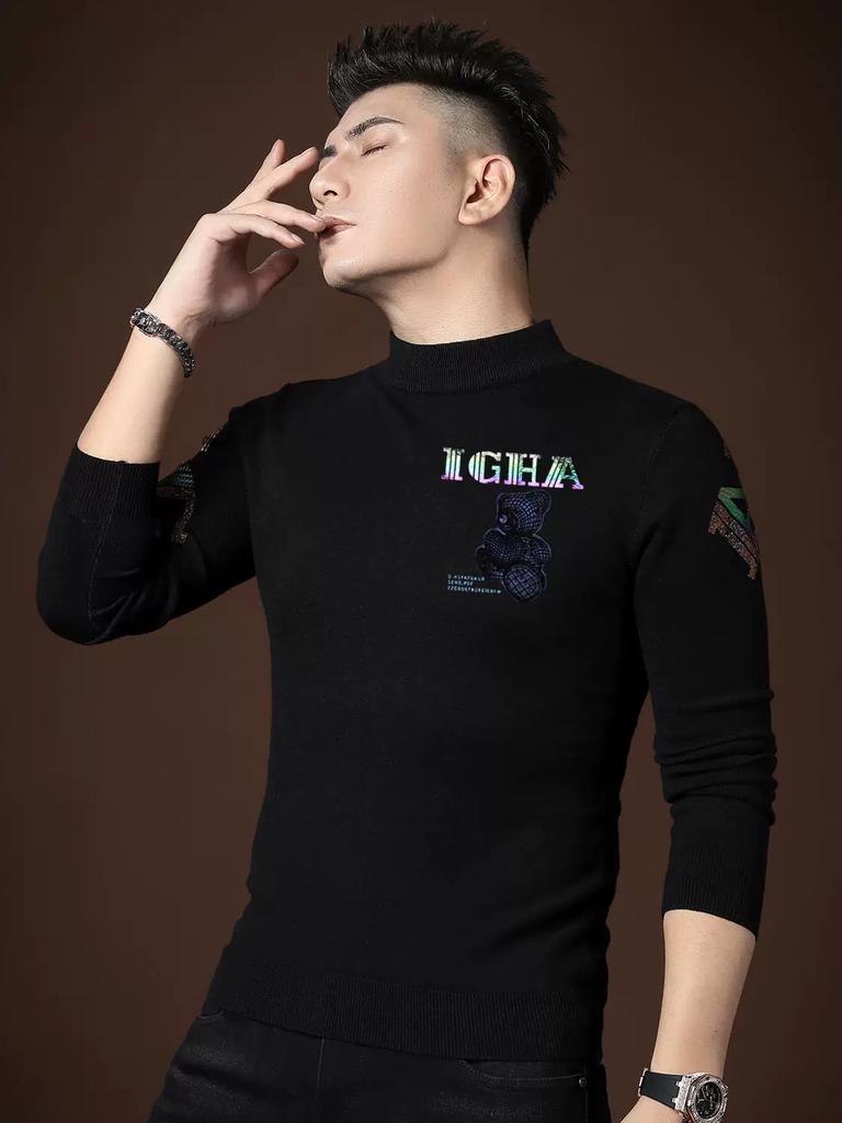 European Style Half-Turtleneck Pullover Men's Knit Sweater 2025 New Autumn Trendy Bear Rhinestone Top for Men