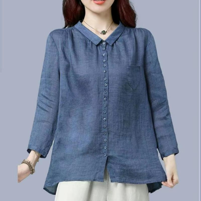 Cotton and Linen Shirt Women's Spring and Autumn Loose and Thin Western Style Women's Loose All-match Blouse Shirt