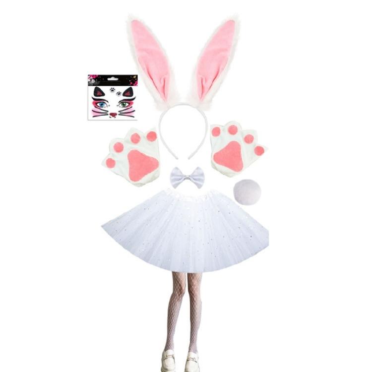 Women Girls Rabbit Ears Headband Collar Bowtie Cuff Bunnies Tail Easter Bunnies Costume Set for Halloween Cosplay Party