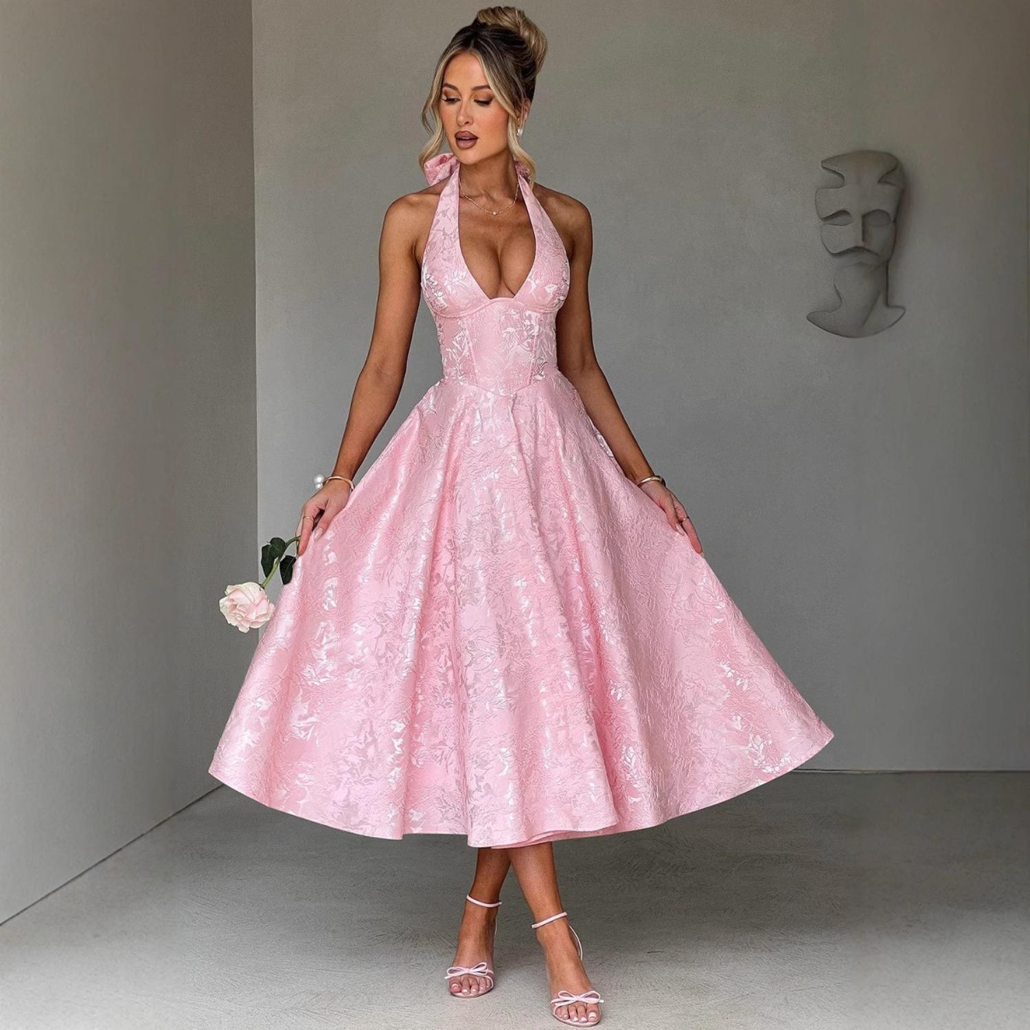 Women s V-Neck Halter Sleeveless Jacquard Tie Waist Midi Dress Sweet Casual Vacation Gown S