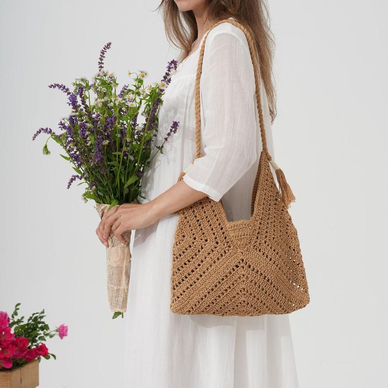 New Lazy Cotton Thread Straw Bag Women's Handmade Hollow Woven Bag Large Capacity Versatile Shoulder Holiday Beach Bag
