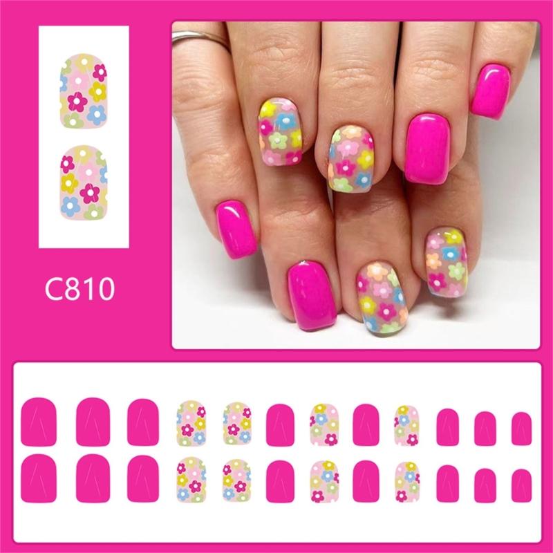 24 Pcs Glossy Press On Nail Short Square Stick On Nail Colorful Flowers False Nail Solid Color Acrylic Nail