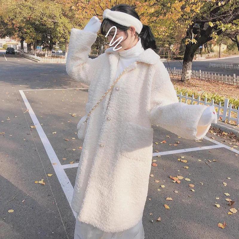 Dámská podzimní/zimní jednobarevná zimní hřejivá bunda s imitací jehněčí vlny, korejská volná a sametová dlouhá mikina s kapucí