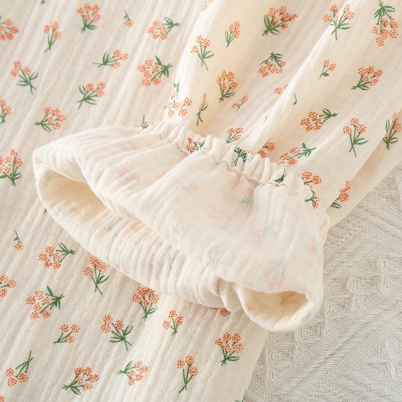 Dámské pyžamo z čisté bavlny Dámské kalhoty s dlouhým rukávem, kulatým výstřihem, volné domácí oblečení, malý potisk, bavlna, sada na spaní