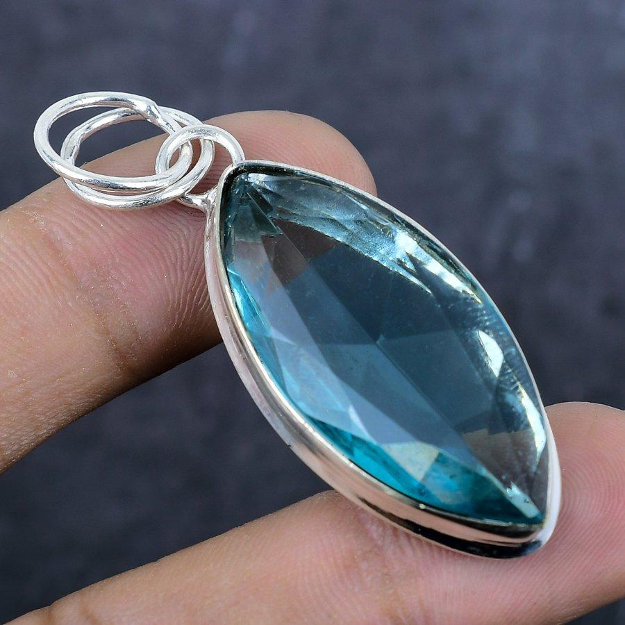 Přírodní modrý topaz drahokam 925 sterlingové stříbro šperk přívěsek 2,17" z8y19