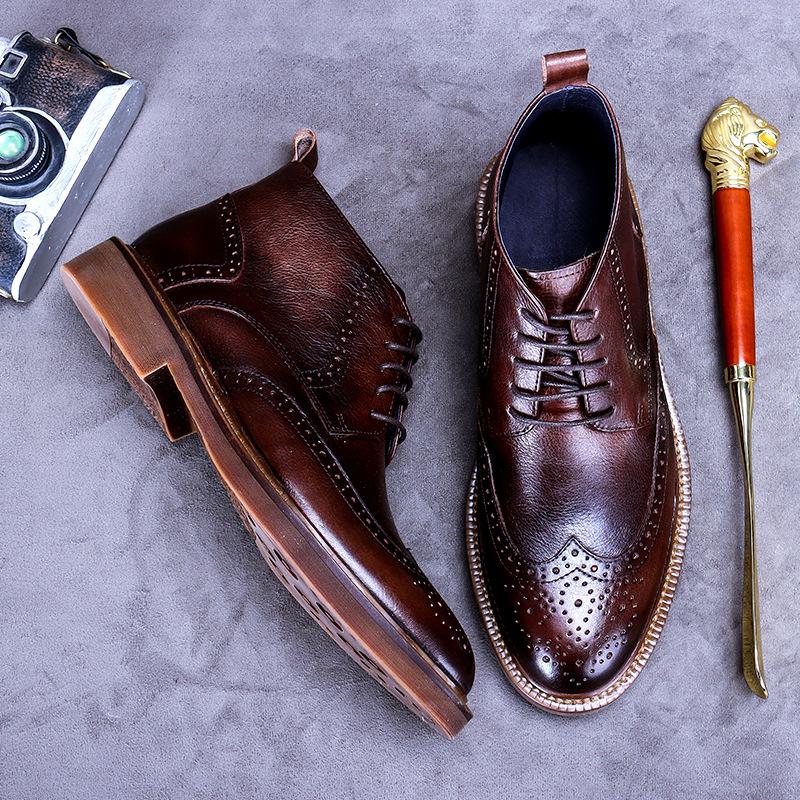 Fashion Men's Autumn Winter Plus Velvet Warm Carved Brogue Leather Shoes Street Cowhide Lace-Up Boots Male British Retro Tooling Boots