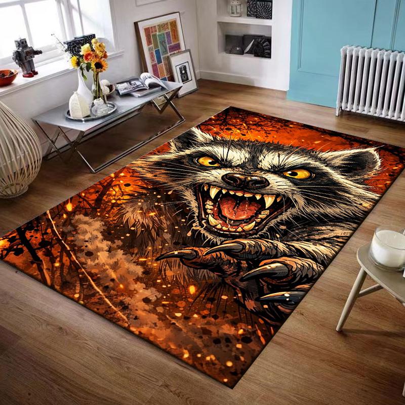 Fierce raccoon graphic in fiery scene Non-slip rug suitable for living room and bedroom sofas