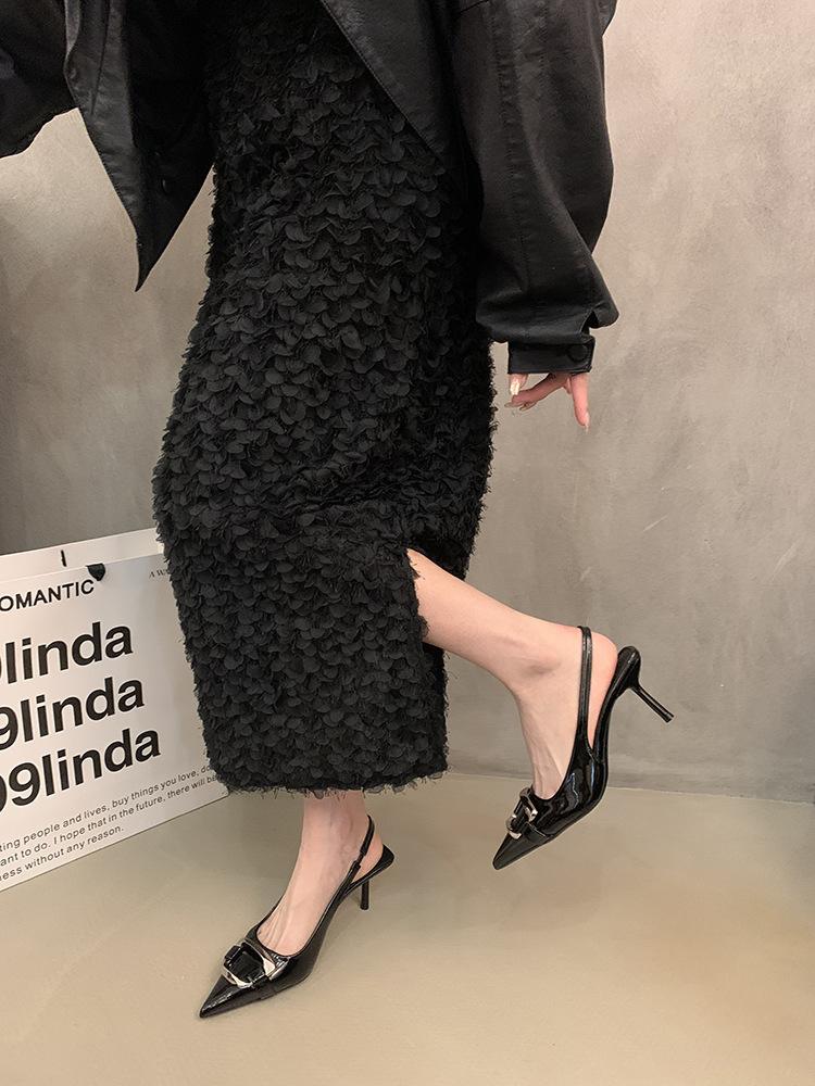 Temperament thin heel pointed head bag head sandals women's summer new with skirt niche metal high heels