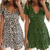 V-Neck Short Sleeve Waist Tight Mini Dress Sexy Leopard Print Women Dress Female Clothing