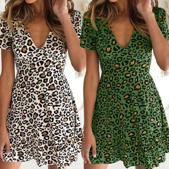 V-Neck Short Sleeve Waist Tight Mini Dress Sexy Leopard Print Women Dress Female Clothing