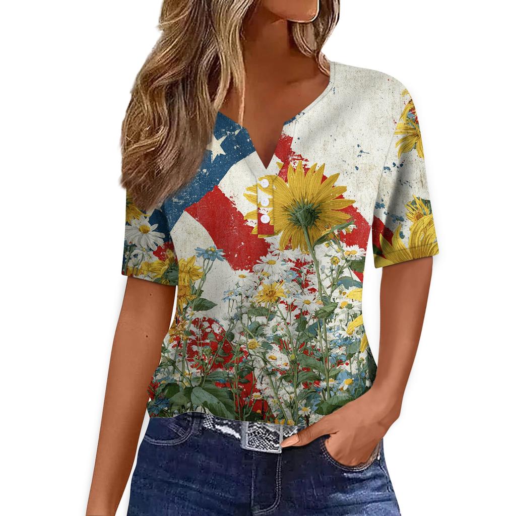 Women Casual V Neck Short Sleeve T Shirt Button Detail Sunflower Print Lightweight Summer Top for Everyday Wear