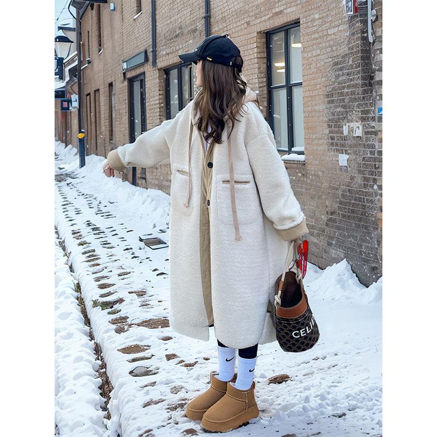 

Світло-сірий жіночий зимовий осінній вільний хутряний (штучне хутро) піджак-куртка з капюшоном, бавовняний, щільний, плюшевий, модний, середньої довжини, ледачий стиль L білий