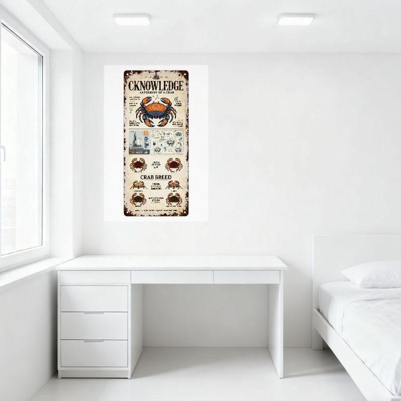 Vintage 'Anatomy of a Crab' Metal Tin Sign, Rustic Weathered Antique Wall Decor with Crab Illustration, Educational Seafood Art