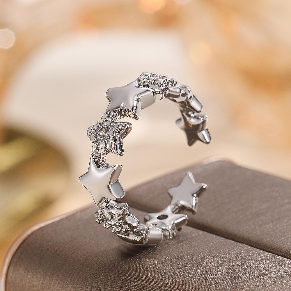 High Quality And Fashionable Copper Star Women'S Ring, Sparkling Zircon Star Opening Ring, Girls' Holiday Jewelry Gift