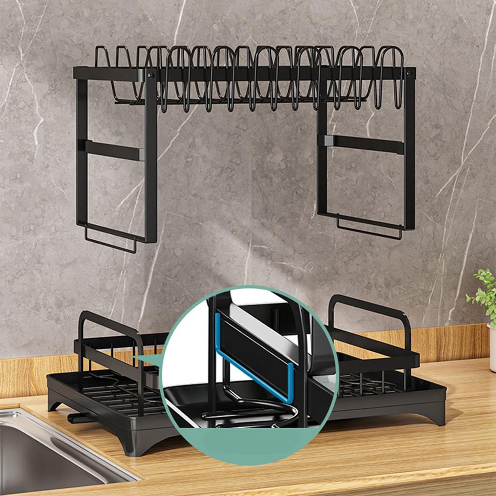 Dish Drying Rack for Countertop Aluminum 2 Tier Dish Rack with Drainboard and Utensil Holder for