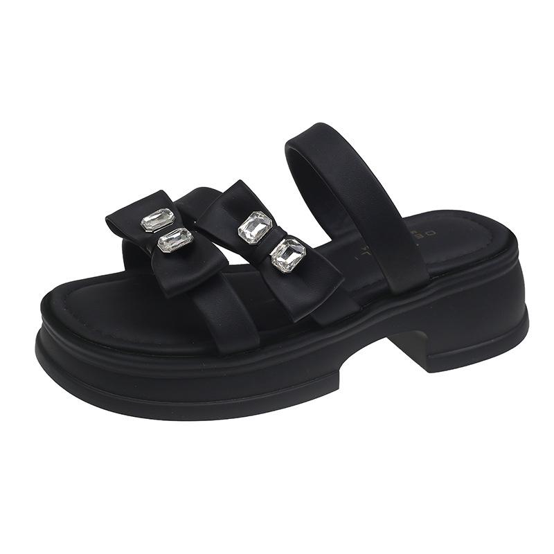 Foreign Style Bow Outer Wear One-word Drag Women's New Summer Thick-bottomed Rhinestone Muffin Versatile Cool Slippers