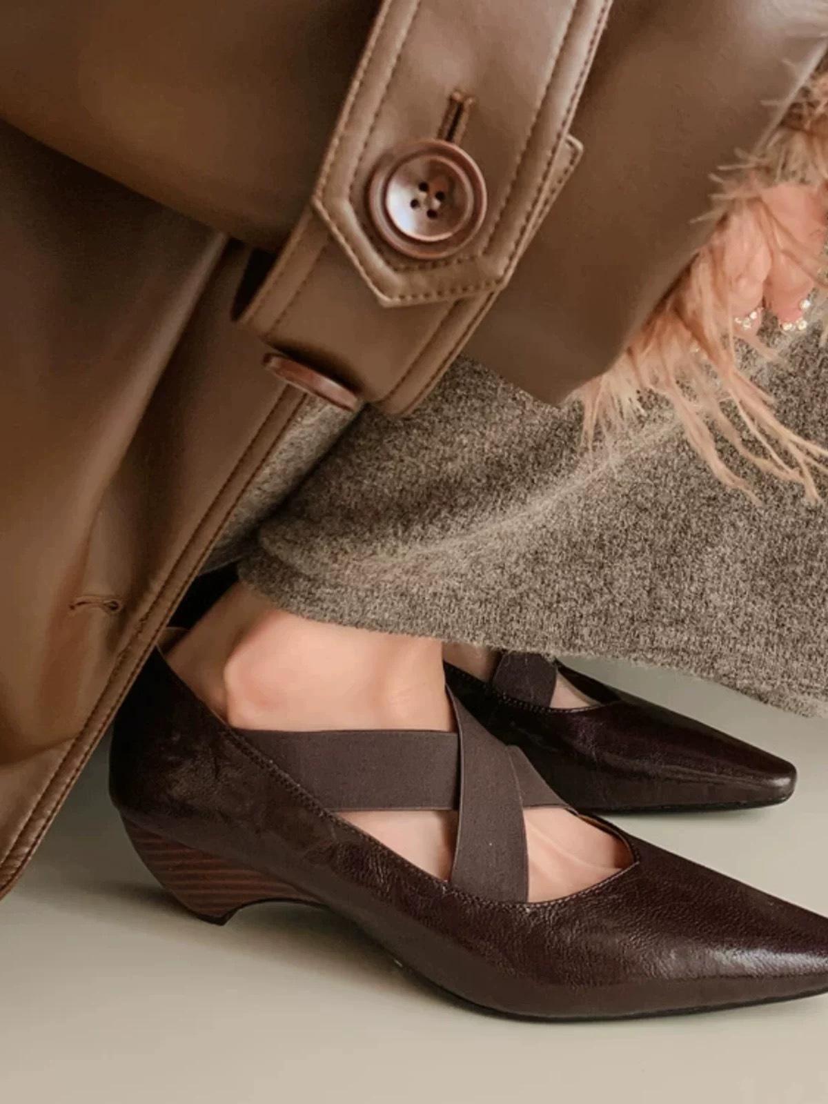 

Leather French niche tapered heel square cross strap Mary Jane shoes women s spring 2025 versatile medium heel single shoes 40 коричневый