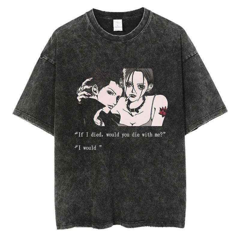 Japanese Anime Nana Osaki Print Vintage Washed Tshirt Harajuku Streetwear Graphic T-Shirt Summer Short SleeveTshirt