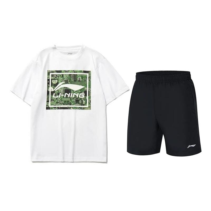 

Li-Ning Casual Loose Short Sleeve Letter Round Neck Top And Mid Waist Five Point Shorts Set Unisex Sets AHSU999-1+YKST119-1 L