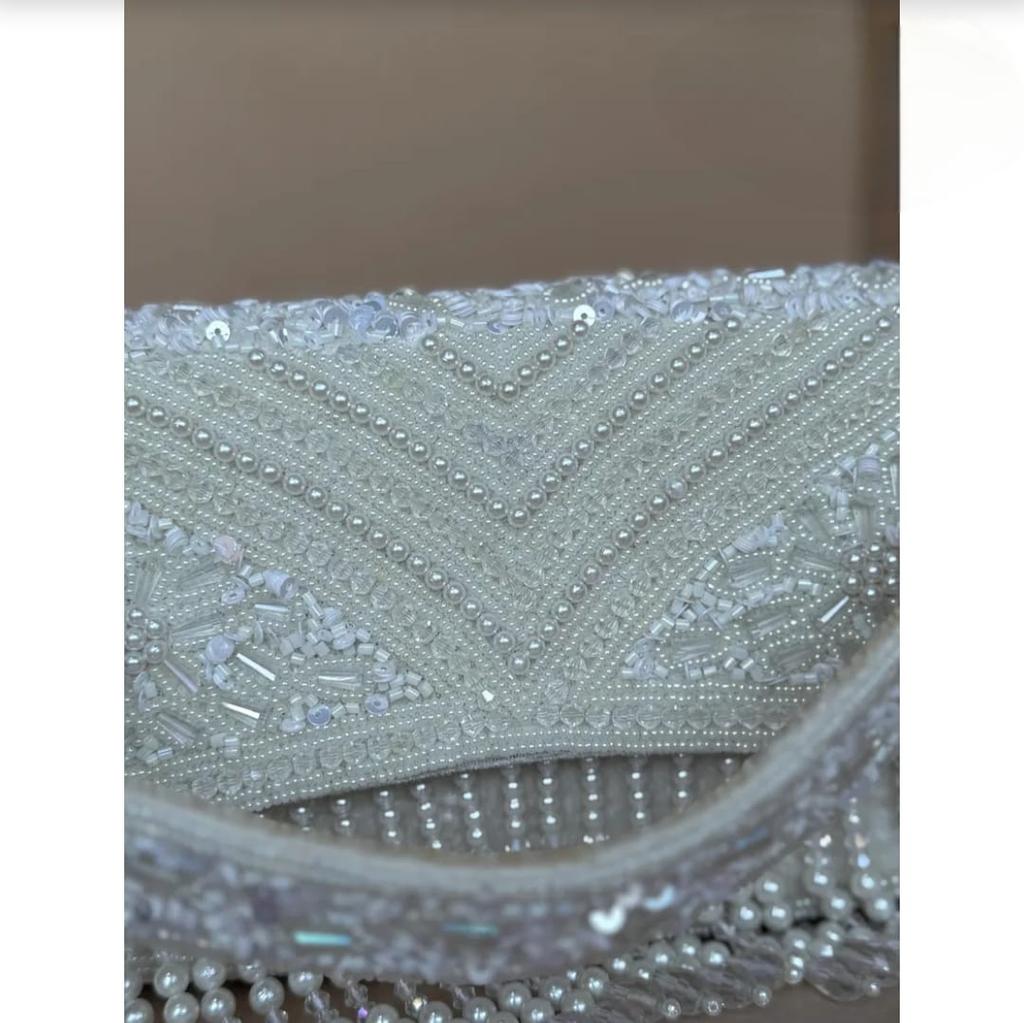 Handmade Beaded Bridal Clutch White Pearl & Sequin Evening Bag with Fringe Elegant Wedding Purse Handmade Party Bag Gift for Her
