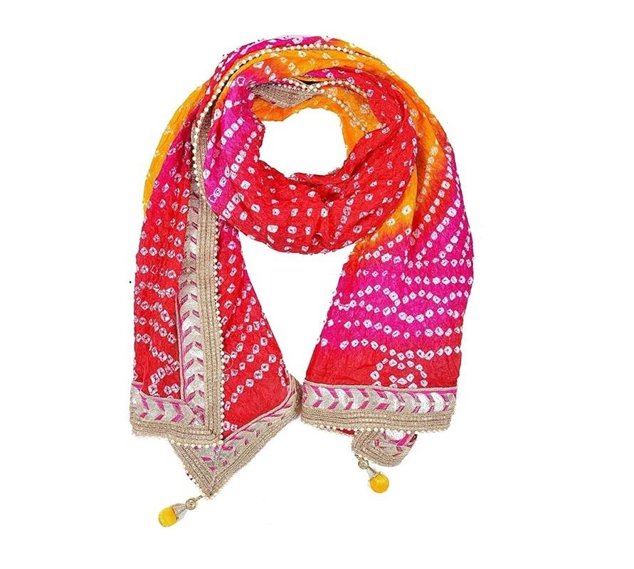 TreegoArt TreegoArt Women s Silk Jaipuri Rajasthani Bandhani Bandhej Heavy Dupatta with Gota Work and Latkan - Pack Of 1