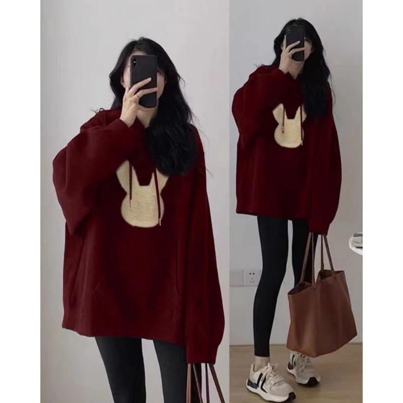 Herbst und Winter Neues bedrucktes Kapuzensweatshirt Damen Vielseitig Locker Samtverdickt Jacke Oberteil