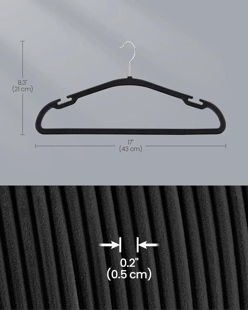 Velvet Hangers 50 Pack, Non-Slip Clothes Hangers, 17 X 8.3 Inches, Coat Hangers with Wide Shoulder Notches, Pants Bar