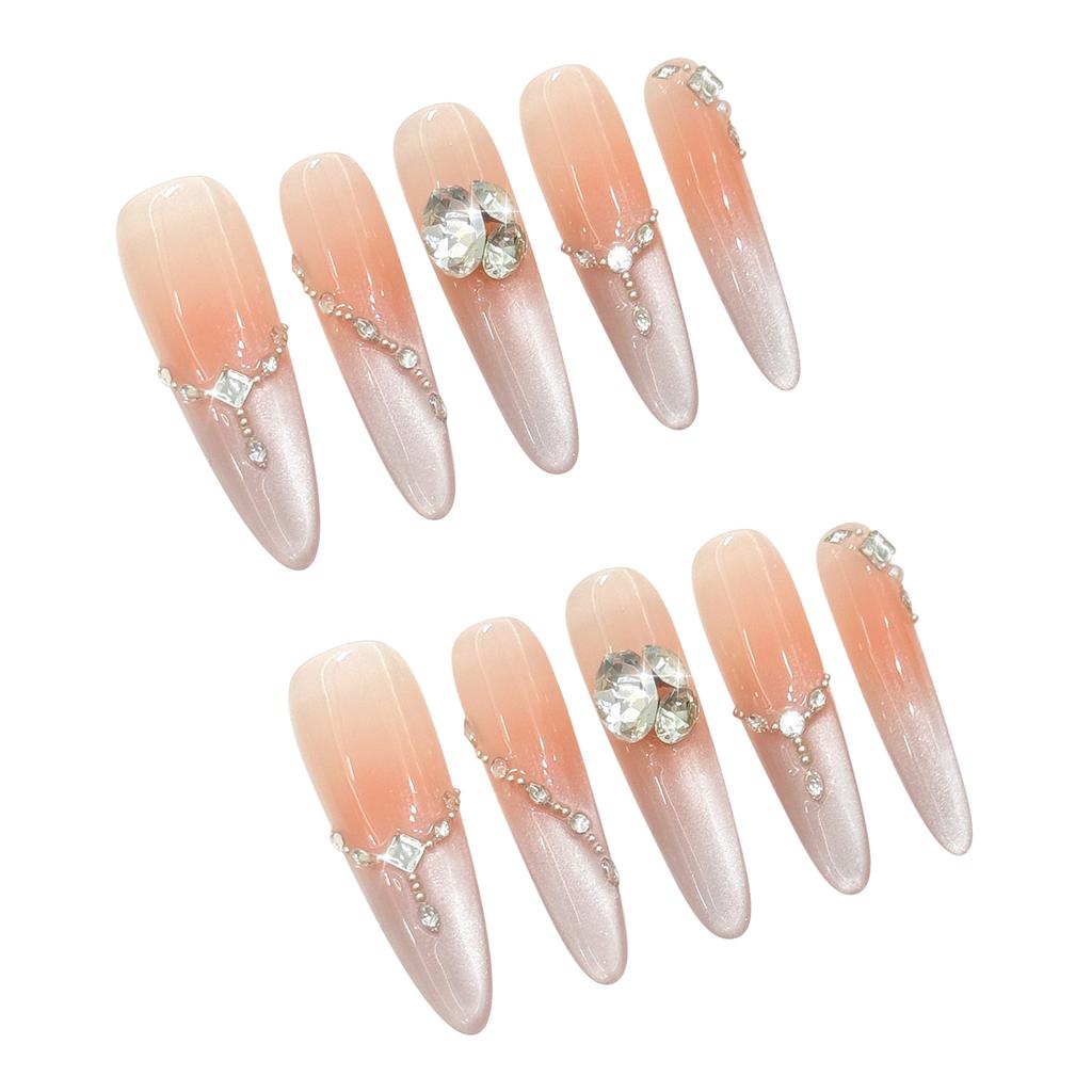 10Pcs Fake Nails Pointed Stiletto Cat Eye Gel Nail Tips for Women, Handmade False Nails with Gradient Pink Peach Design