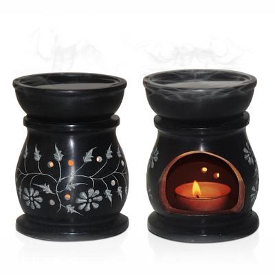 India Handcrafted Soapstone Aroma Burner Oil Diffuser and 1 Tea Light Candle (Black)