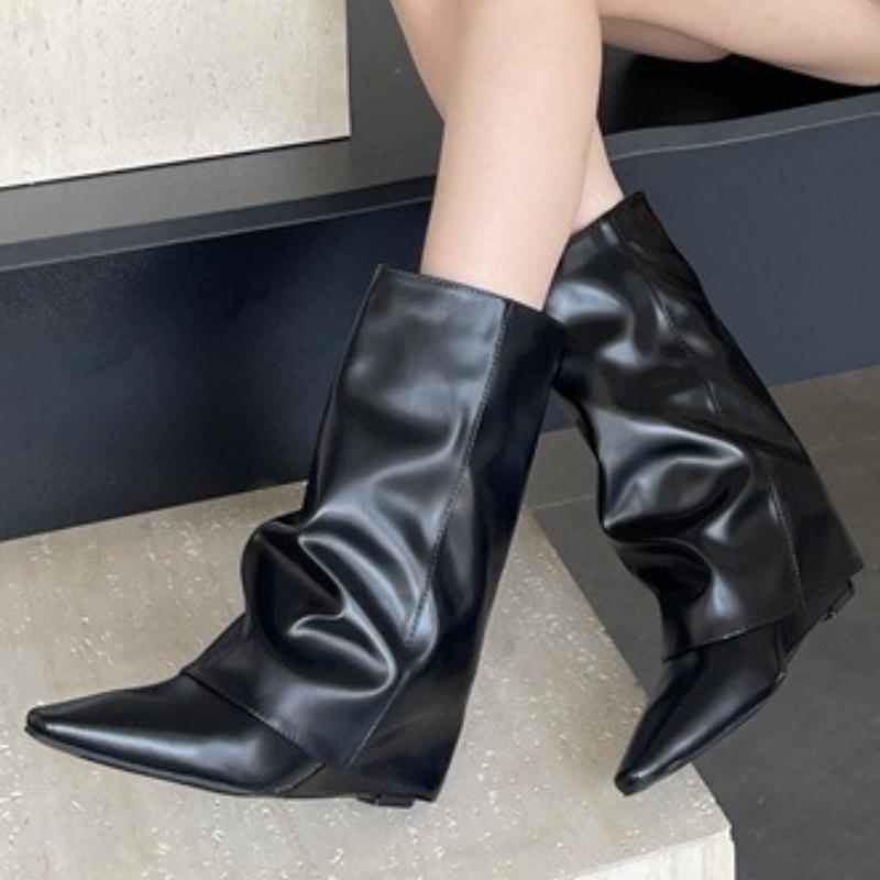 Fashion Autumn Winter Wedges Heels Pleated Pointed Toe Women Ankle Boots Banquet Prom Female Shoes Botas Mujer