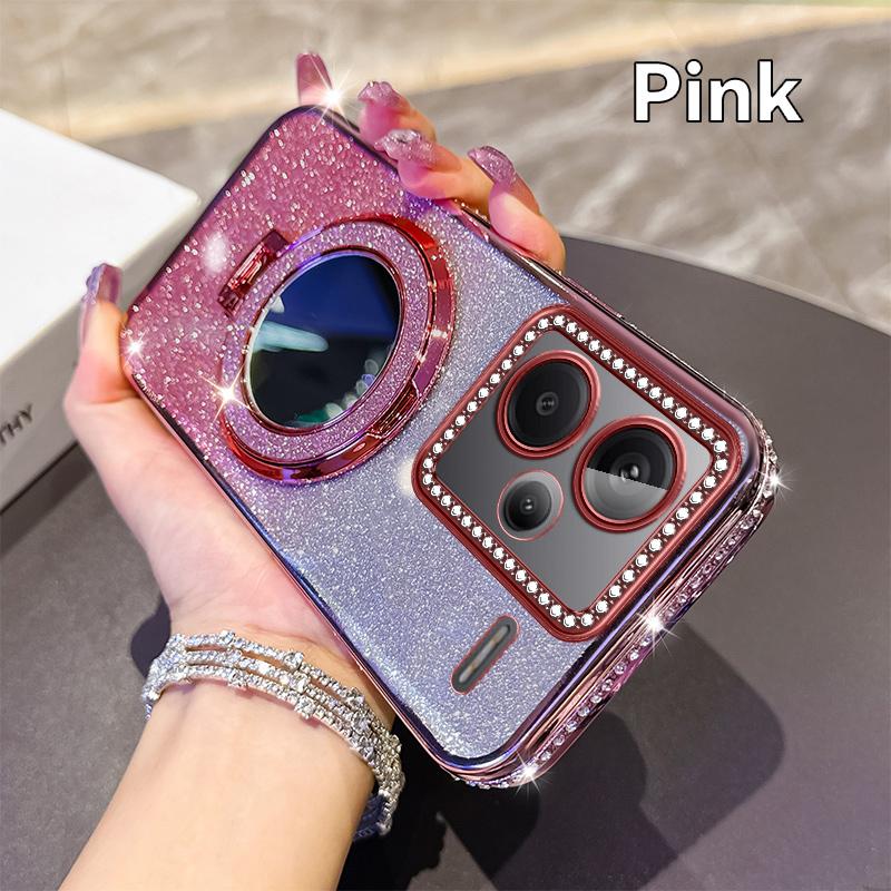 KEYSION Glitter Jewelled Magnetic Phone Case for Redmi Note 13 4G 13 Pro+5G Mirror Stand Shockproof Cover for Xiaomi POCO X6 M6 Pro