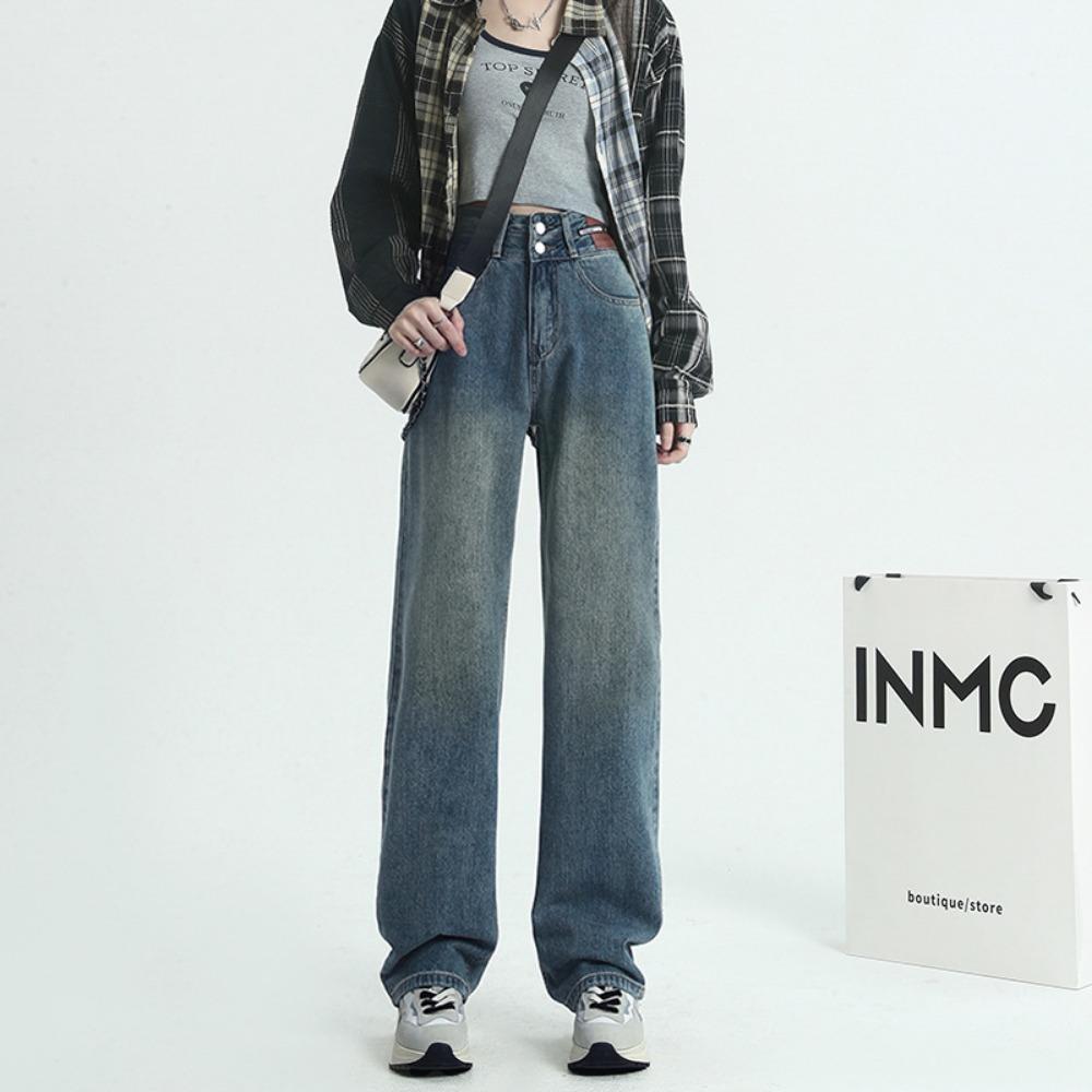 

Retro simple high-waisted double-buckle wide-leg jeans 2025 spring and autumn new thin loose floor-mopping jeans S сине серый