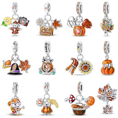 Original Copper Autumn Series Maple Leaves Scarecrow Pumpkin Squirrel Charms Beads Fit Bracelet Diy Jewelry