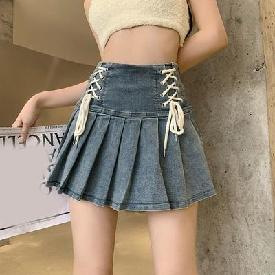 Denim Plissee Rock Koreanische Mode Frauen Verband Hohe Taille A-linie Nette Sexy Cargo Jean Mini Rock Sommer Y2k Mädchen