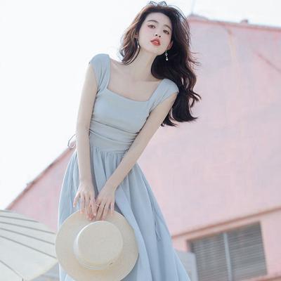 First Love Design Dress Women's Summer Waist Drawstring Splicing Gentle Wind Waist Thin Temperament Long Skirt