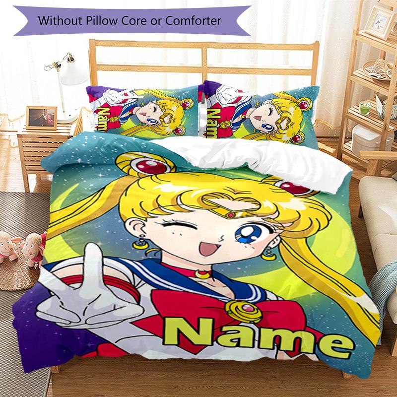 3pcs Sailor Moon 2 Cover Set - Personalized Name, HD Printed Bedding with 1 Cover and 2 Pillowcases - Perfect for Home Decor, Easy Care