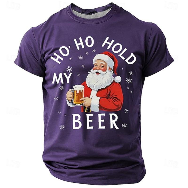 Einfaches Mode-T-Shirt mit Buchstabenaufdruck für Herren, kurzärmelig, lässig, HO HO HOLD MY BEER T-Shirt, tägliches Streetwear-Top für Herren und Damen, Weihnachtsmann-Grafik
