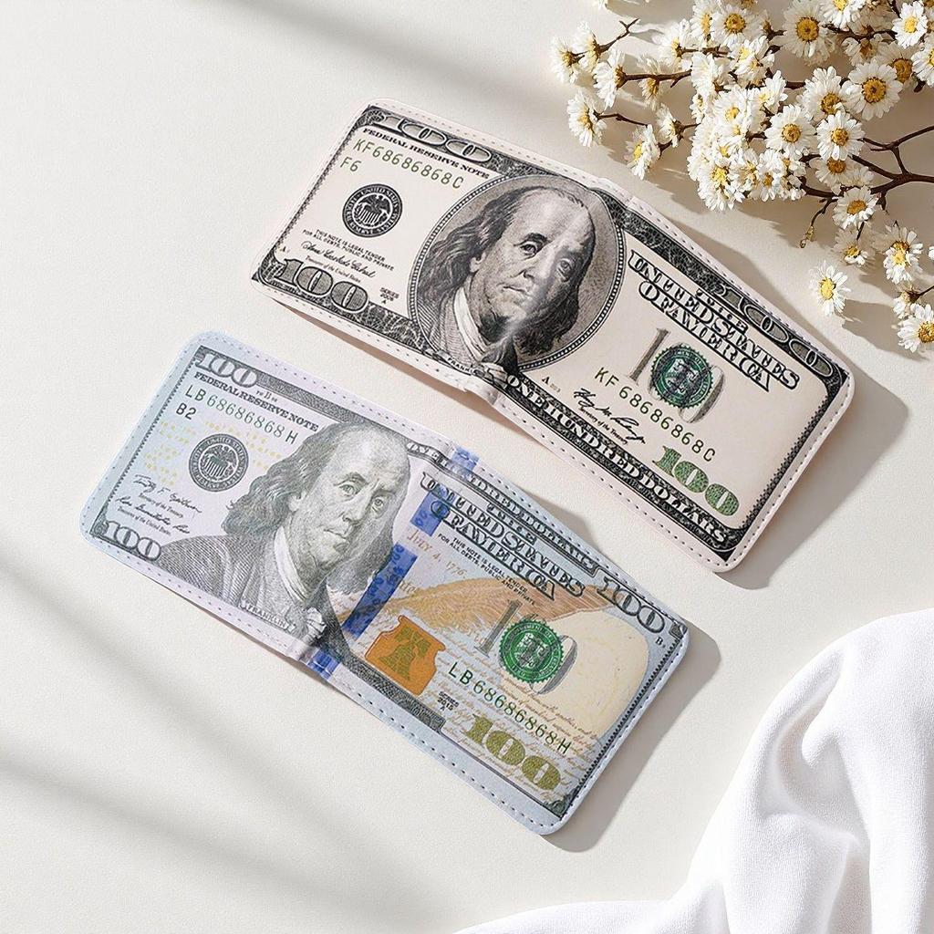 Men's Short Bi-Fold Wallet with Currency Pattern – High-Quality Money Clip & Multi-Card Holder