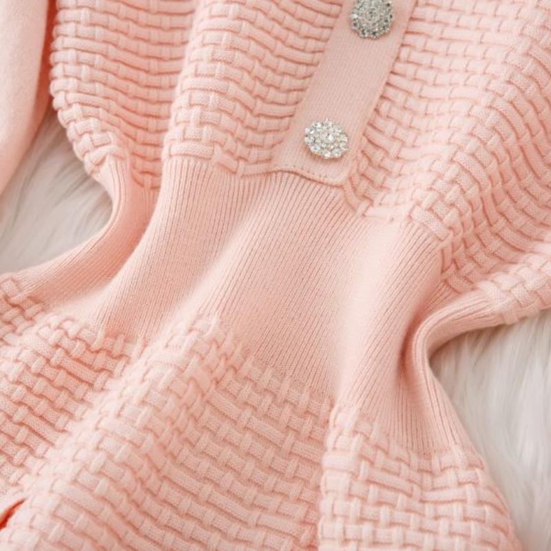 Herbst Winter Frauen Elegante V-ausschnitt Solide Strick Pullover Mini Kurze Kleider