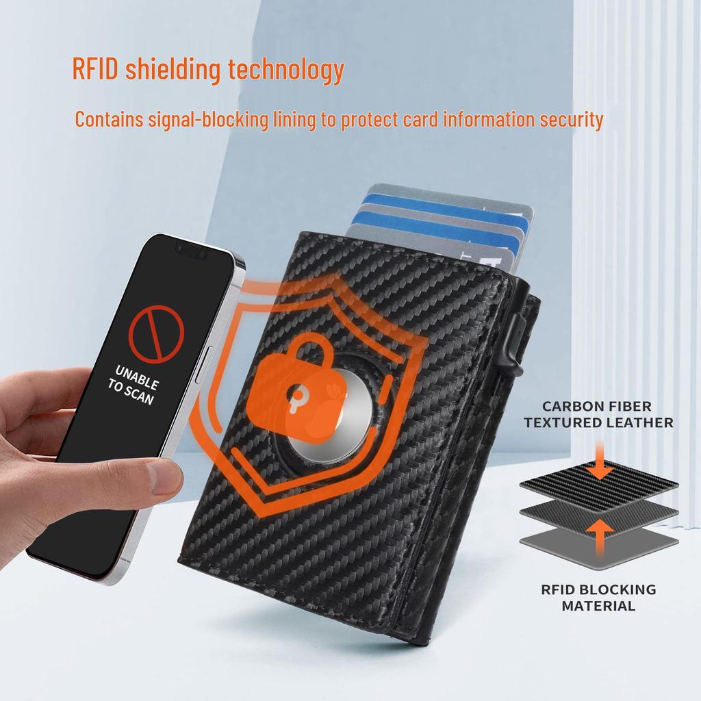 RFID-Blocking Carbon Fiber Airtag Wallet: Tri-fold Leather Anti-theft Card Holder for Men