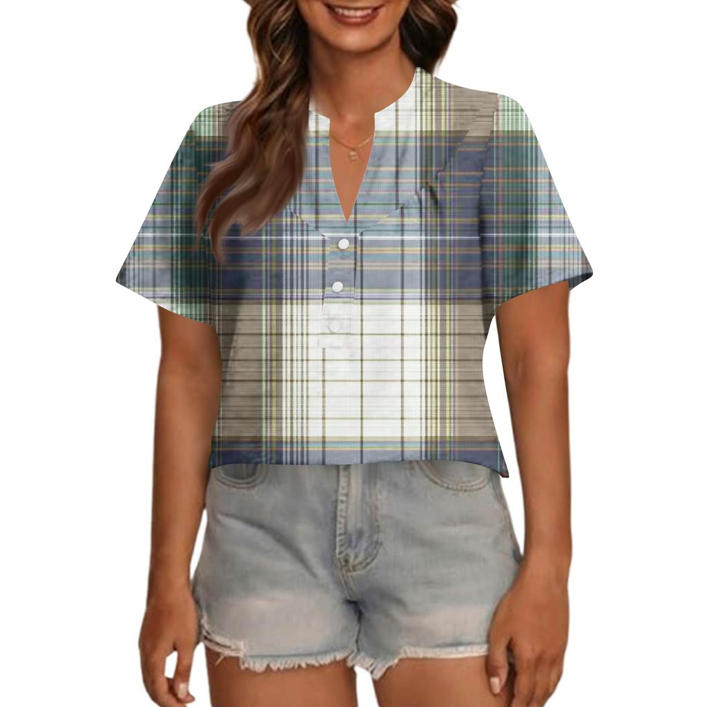 Women's Fashionable Casual V Neck Button Up Oversized Short Sleeve Printed Top