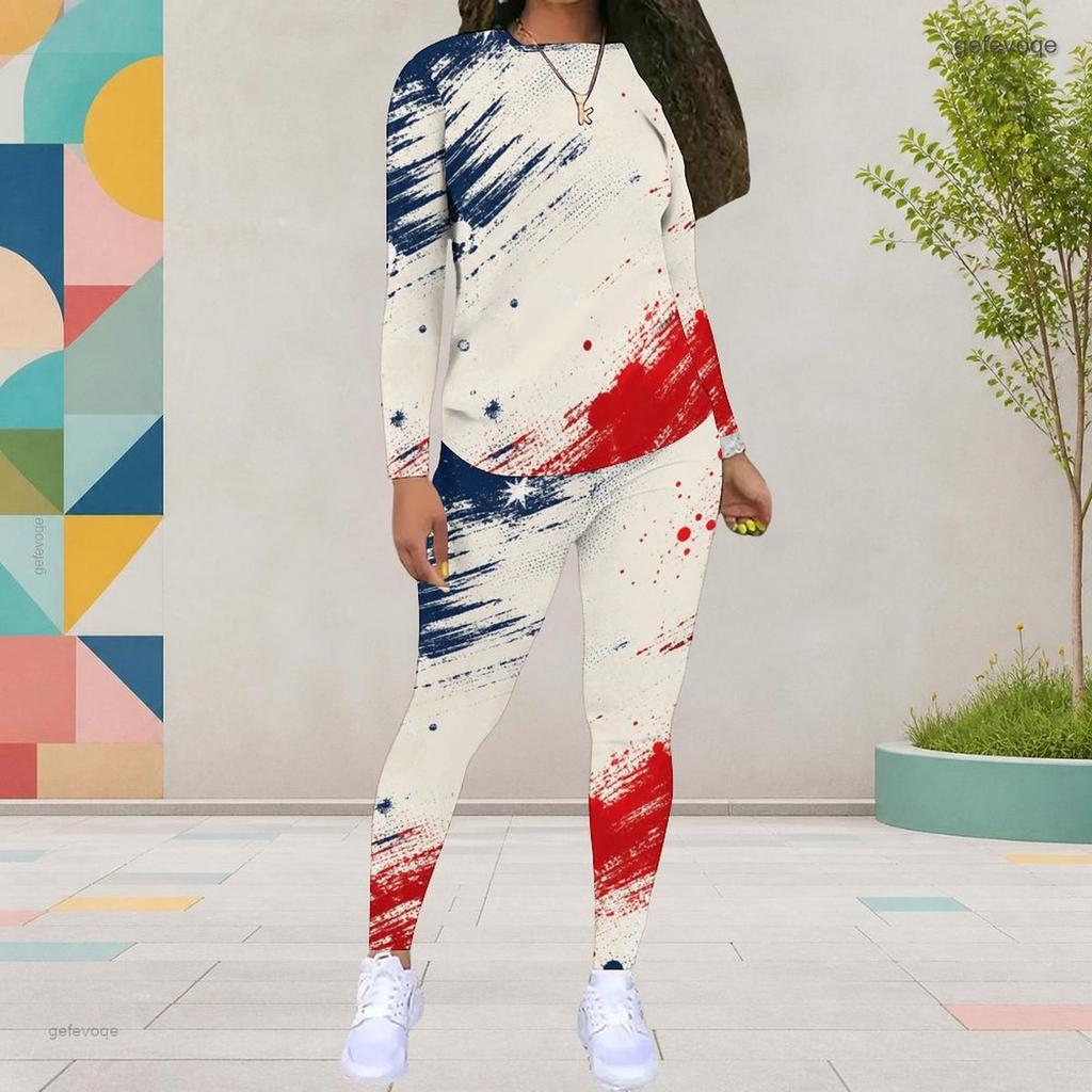 Women Plus Size Round Neck Long Sleeve Blue White Red Printed Top Fitted Pants Two Piece Set