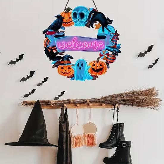 Halloween Holz Türschild, Schwarze Katze Kürbis Skelett Veranda Hängedekoration, Wasserdichtes Außen Willkommensschild, Bereit zum Aufhängen Party Dekoration