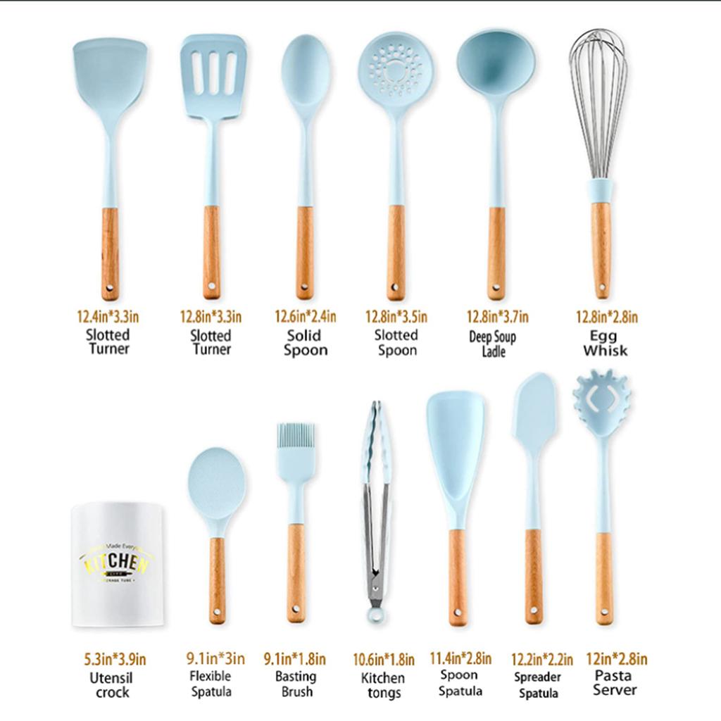 Blue Silicone Cooking Utensils Set Non-Stick Spatula Soup Spoon Eggbeater Food Clip Natural Wood Handle with Storage Box Kitchen Tools