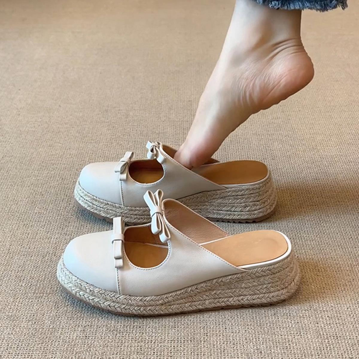 

Ретро соломенные плетеные на толстой подошве увеличивающие рост туфли-рыбаки женские с круглым носком, неглубоким вырезом, перемычкой с бантом и закрытой пяткой 35