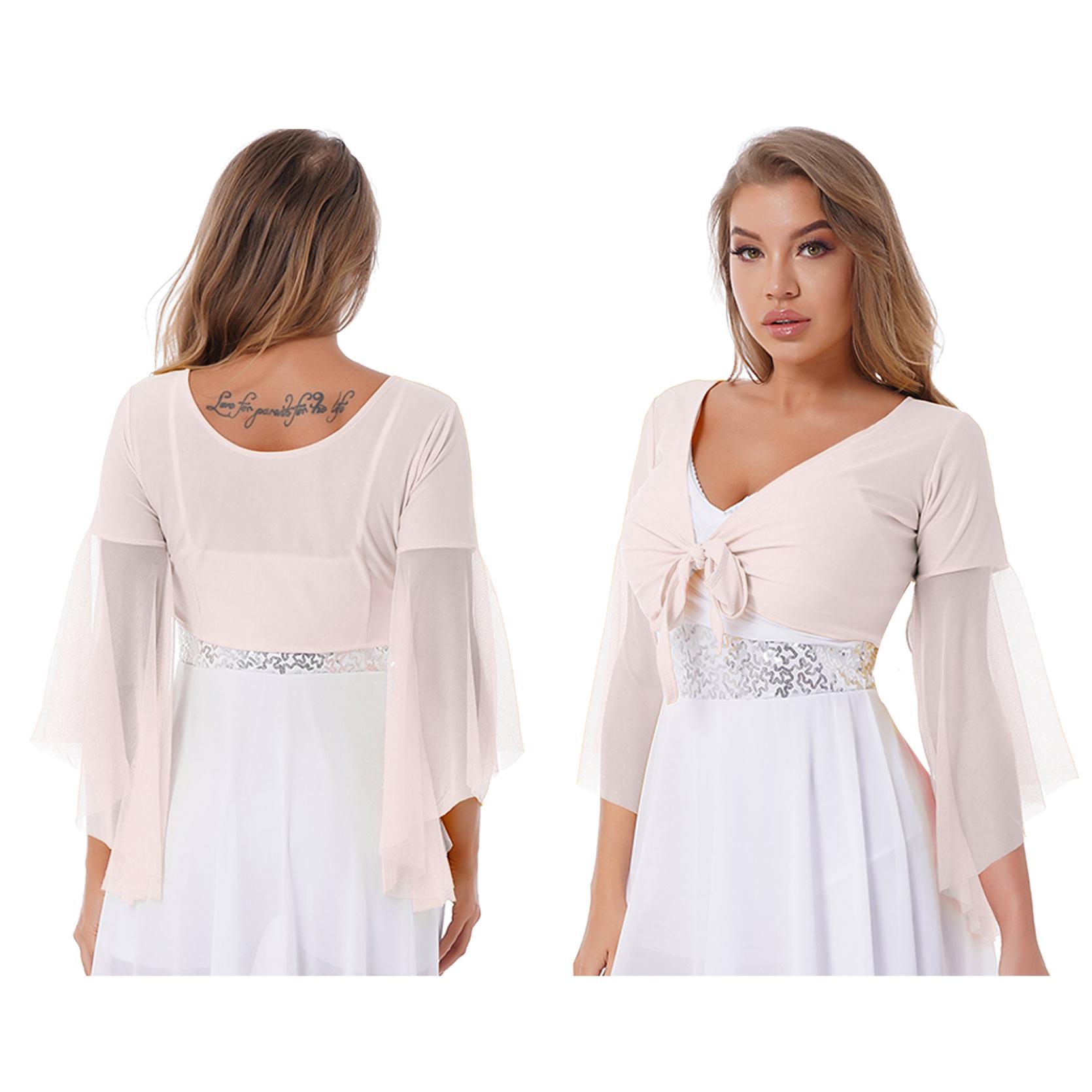 

Женский блестящий топ на шнуровке с кисточками для танца живота, кружевной топ с расклешенными рукавами 3/4, шаль, укороченные топы, танцевальная одежда One Size розовый