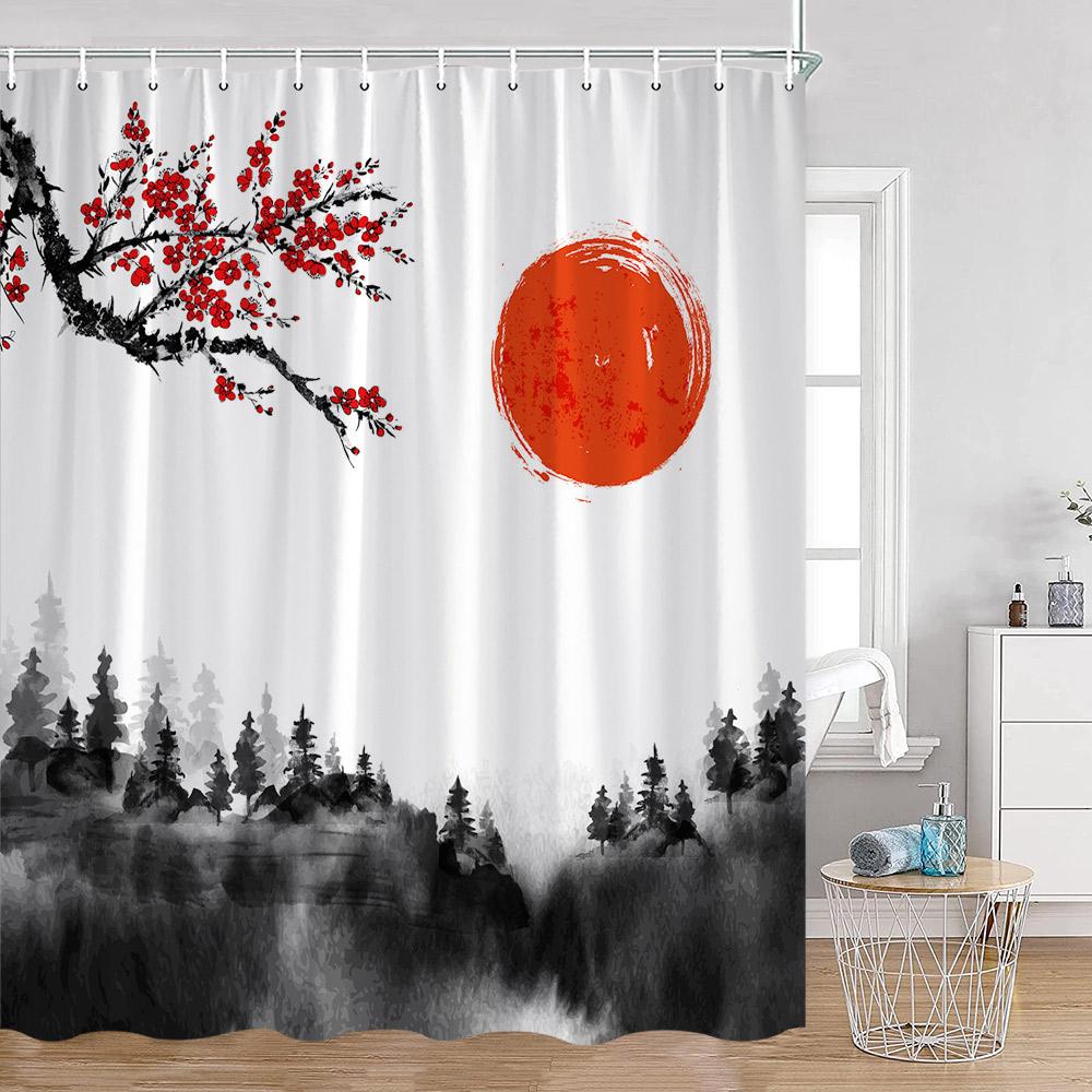 Chinesische Tuschemalerei Duschvorhänge Blühend Rot Sonne Koi Bambus Berglandschaft Badevorhang Polyester Badewannen Dekorationen