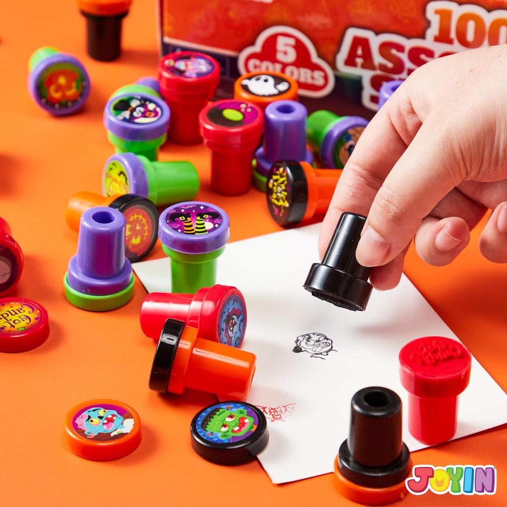 JOYIN 100pcs Halloween Stampers for Kids 25 Designs Assorted Plastic Stamps for Halloween Party Goodie Bag Teacher Student Classroom Game Prizes