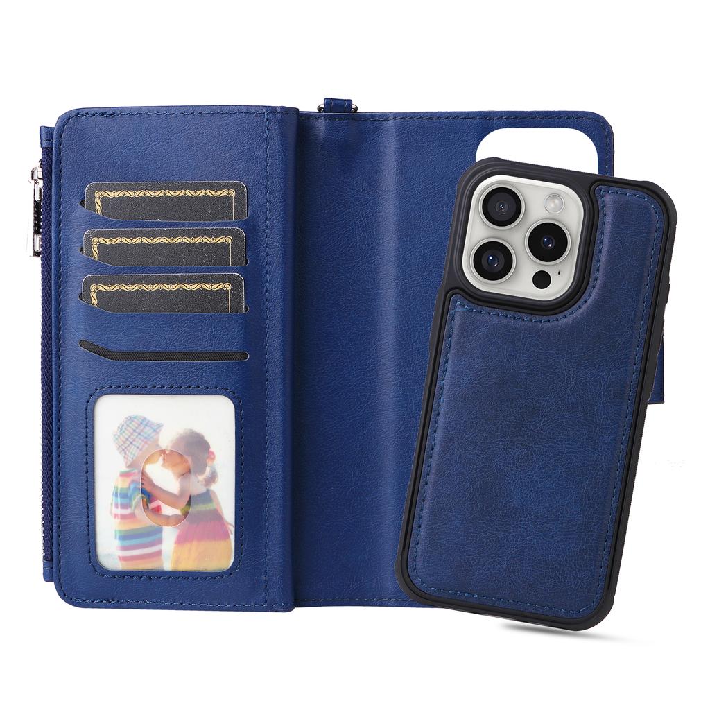 For iPhone 16 Pro Magnetic Leather Case Mobile Cover with Detachable Zipper Wallet Strap